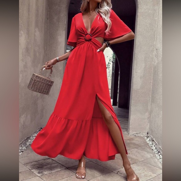 Boho cutout slit thigh batwing sleeve tie back maxi dress - Picture 10 of 16